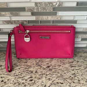 Calvin Klein Saffiano leather clutch pink zip small purse compact travel